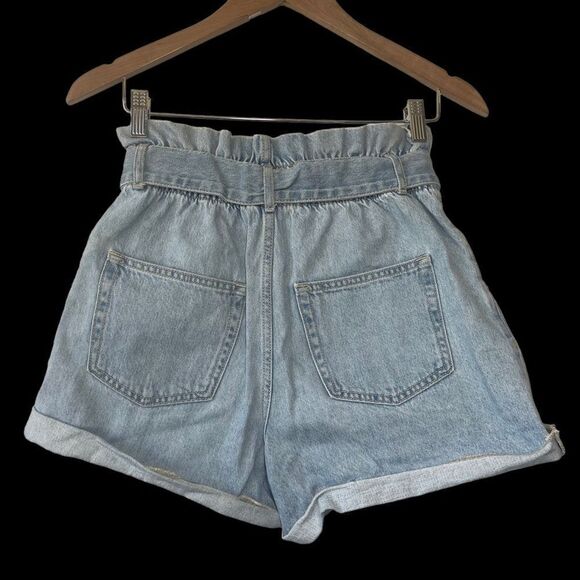 Zara Denim Paper Bag Self Tie Waist High Rise Cuffed Shorts Sz 4 - Picture 3 of 8
